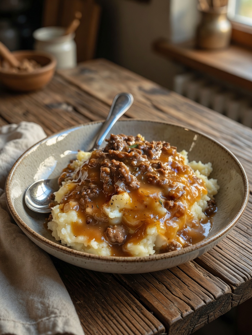 Hearty Ground Beef & Gravy Over Mashed Potatoes