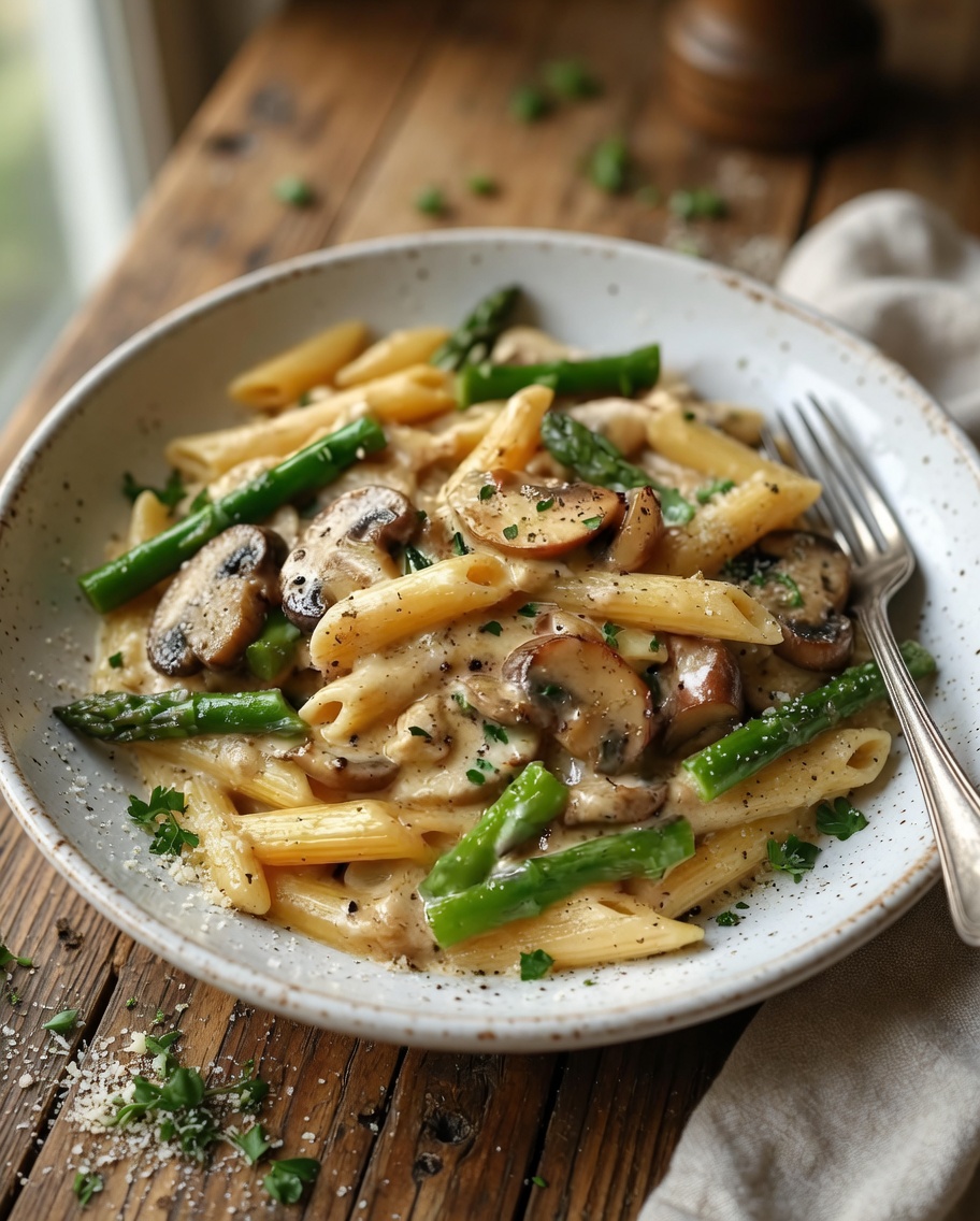 Creamy Mushroom and Asparagus Chicken Penne