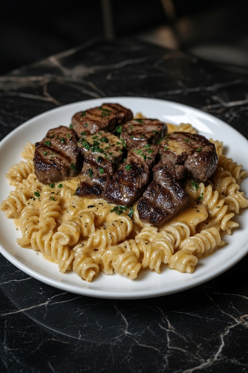 Garlic Butter Steak Bites & Spicy Cajun Alfredo Twisted Pasta