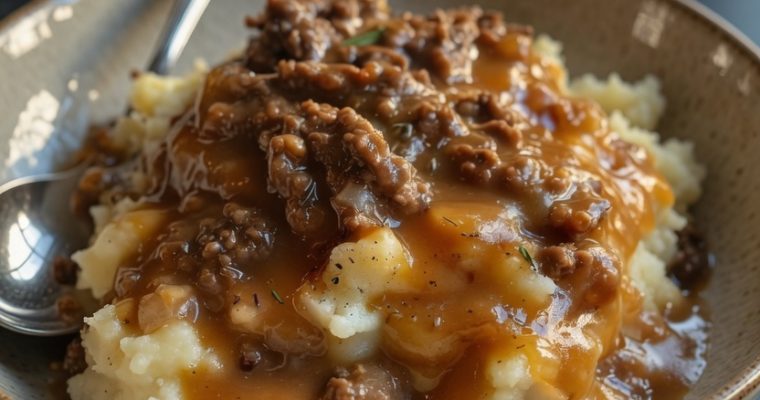 Hearty Ground Beef & Gravy Over Mashed Potatoes