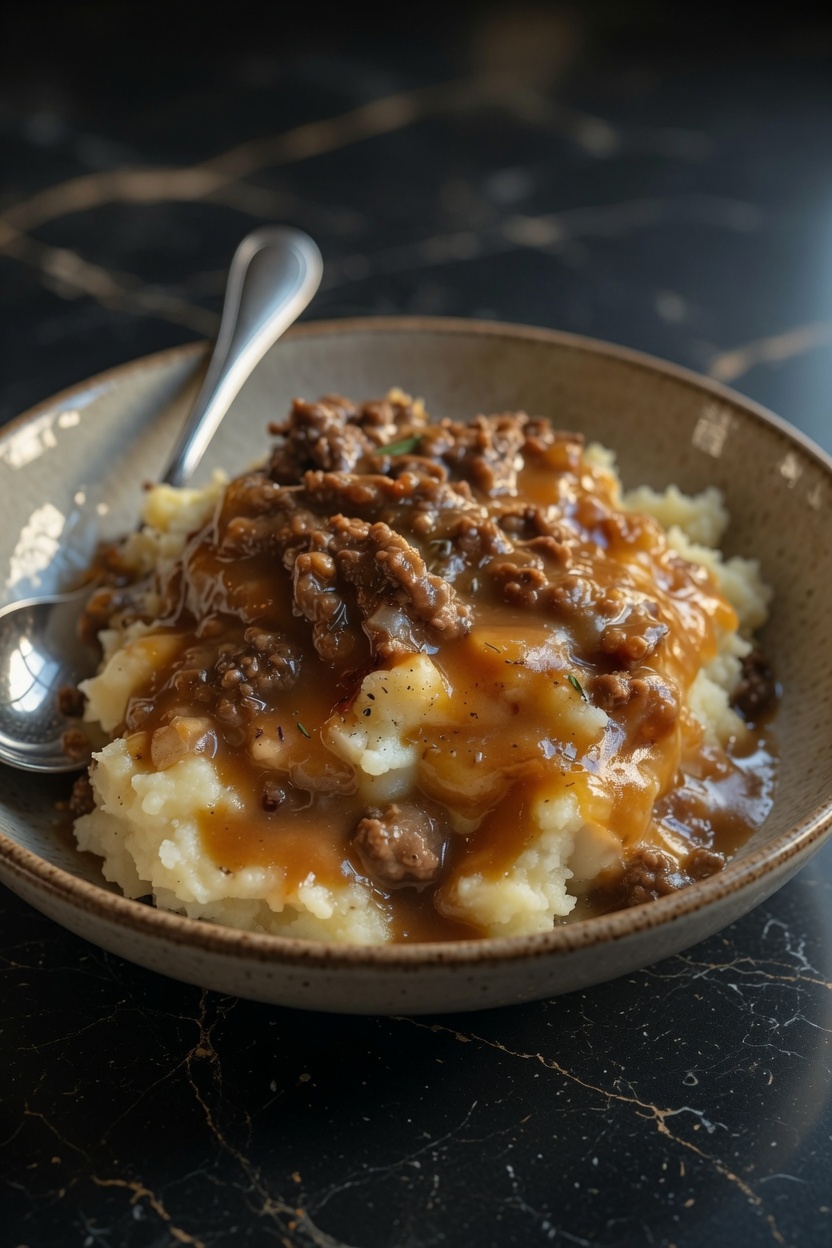 Hearty Ground Beef & Gravy Over Mashed Potatoes