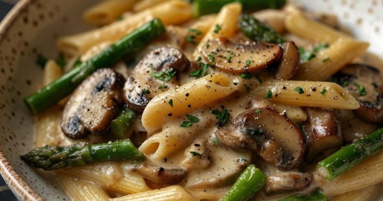 Creamy Mushroom and Asparagus Chicken Penne