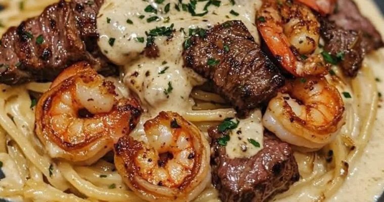 Cajun Shrimp and Steak Alfredo Pasta