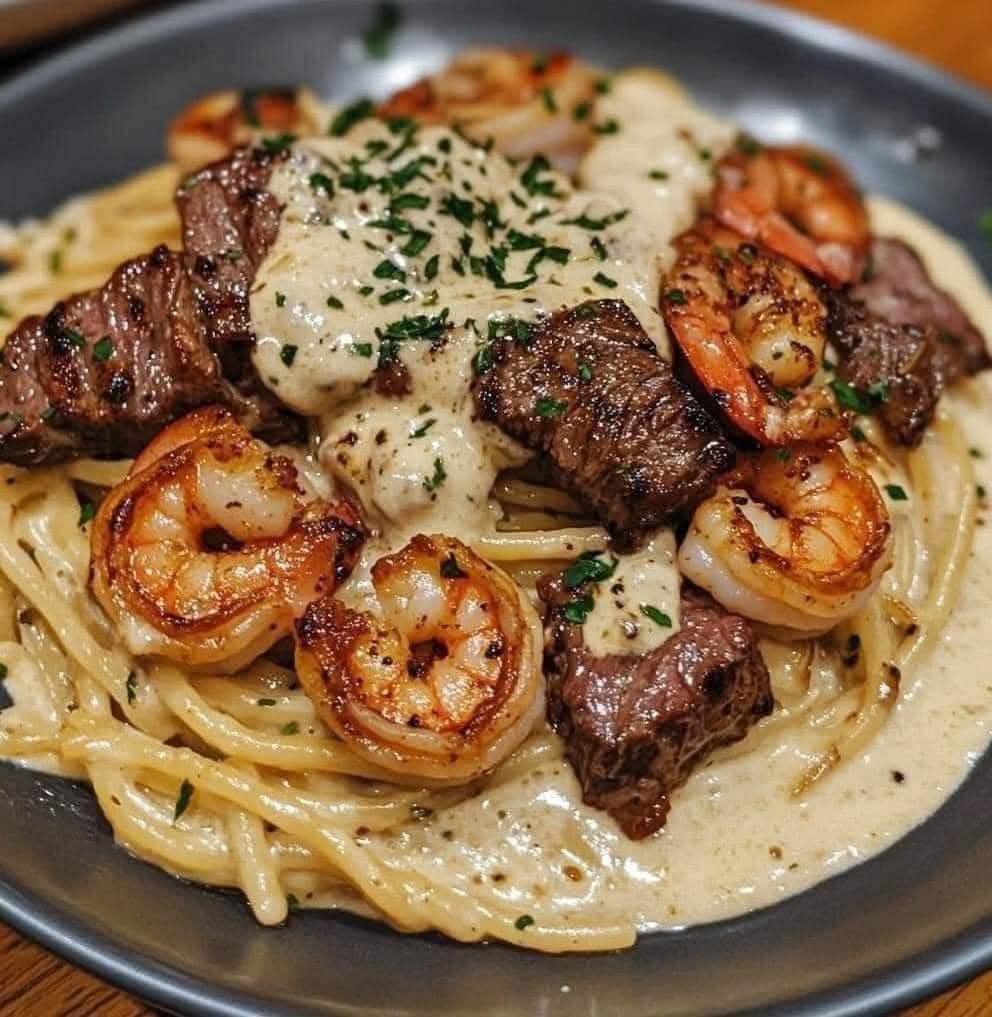 Cajun Shrimp and Steak Alfredo Pasta