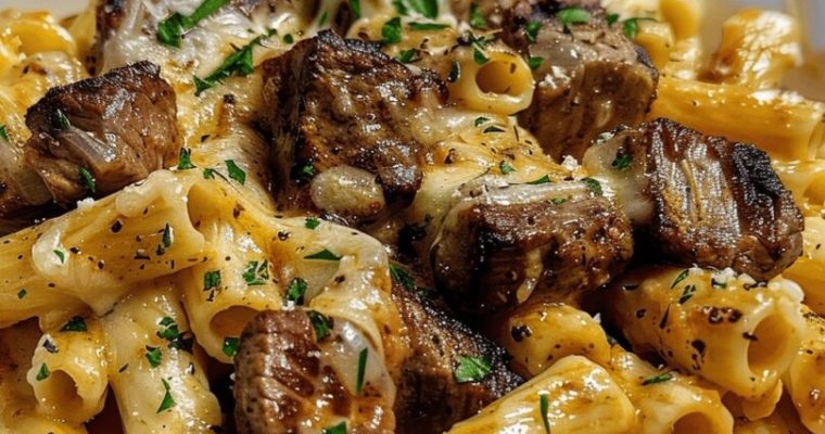 Garlic Butter Steak Tips with Cheesy Rigatoni