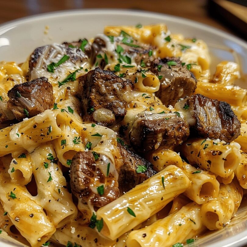 Garlic Butter Steak Tips with Cheesy Rigatoni
