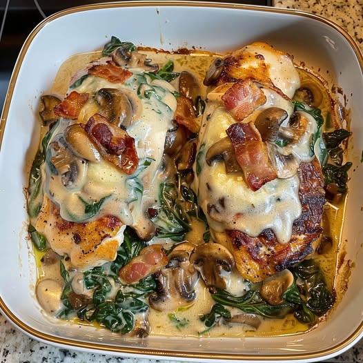 Smothered Chicken with Creamed Spinach Bacon and Mushrooms