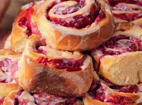 Glazed Raspberry Cheesecake Swirl Buns