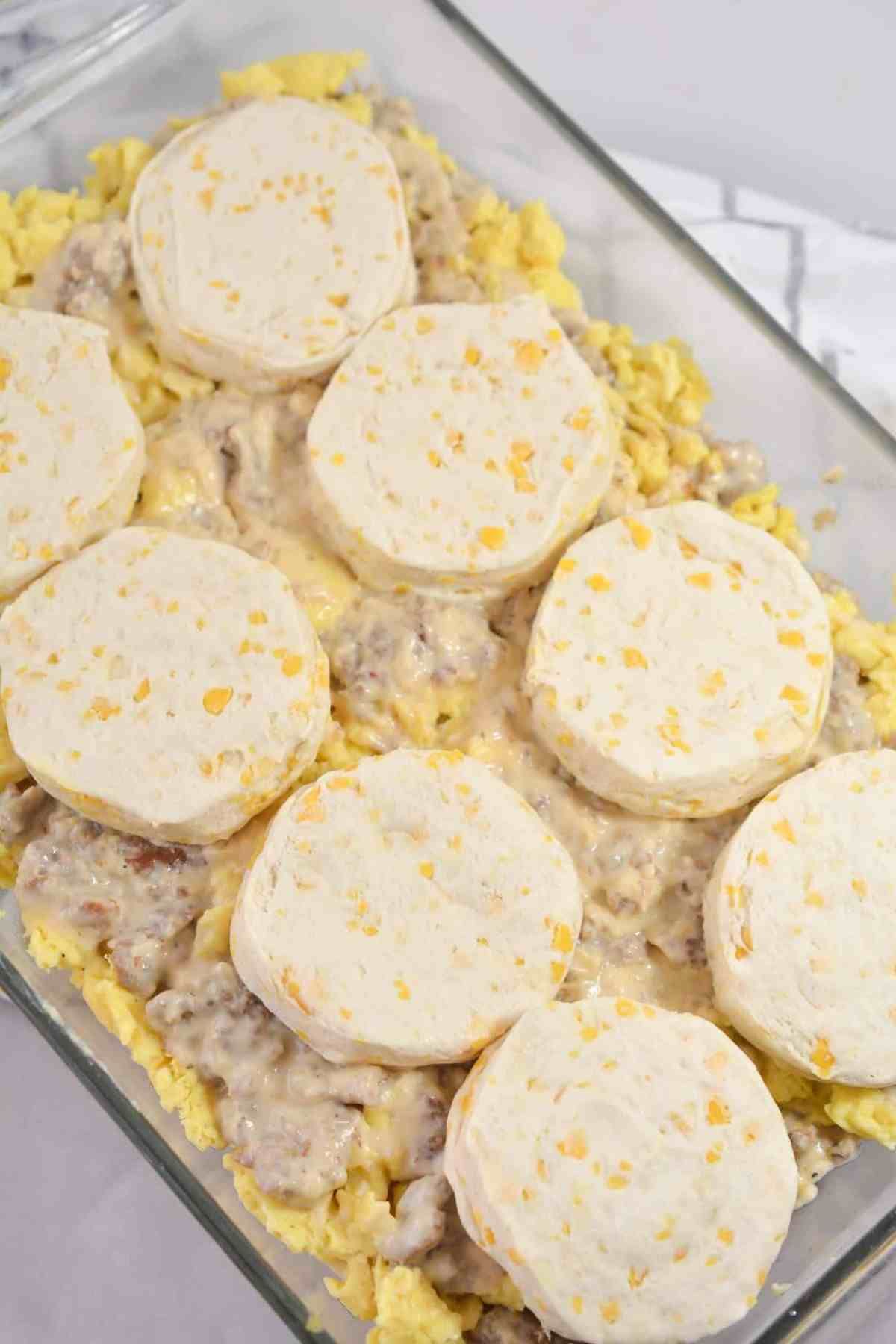 BISCUITS AND GRAVY WITH SAUSAGE AND EGG BREAKFAST CASSEROLE