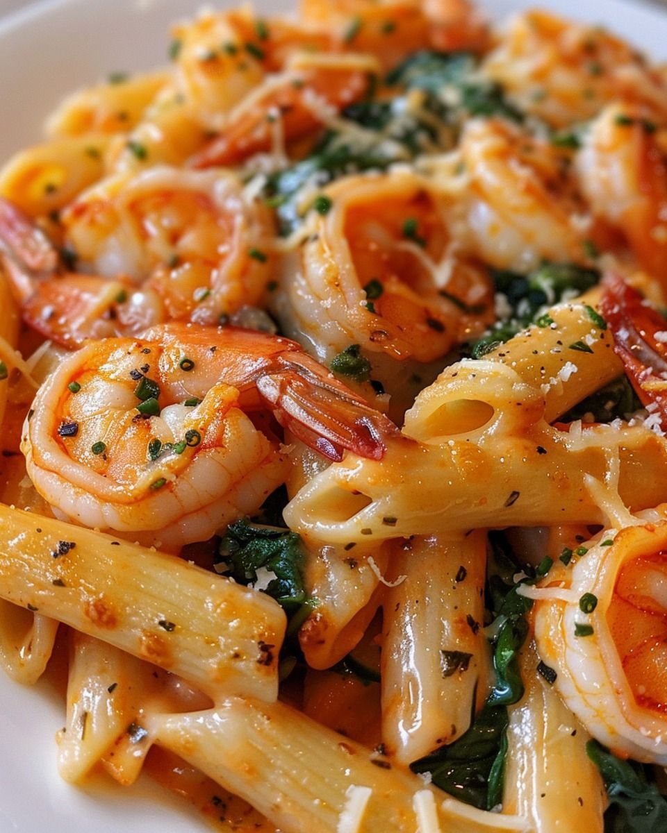 Cheese Shrimp Penne Pasta and Spinach