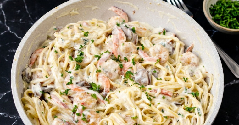 Shrimp and Mushroom Linguini with Cheese Creamy Herb Sauce