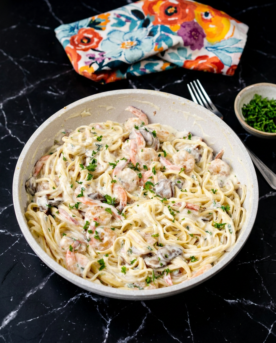 Shrimp and Mushroom Linguini with Cheese Creamy Herb Sauce