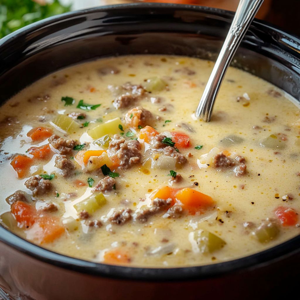 SLOW COOKER CHEESEBURGER SOUP