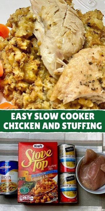 Dump 4 ingredients into a slow cooker. End result is a hearty, tasty chicken and stuffing