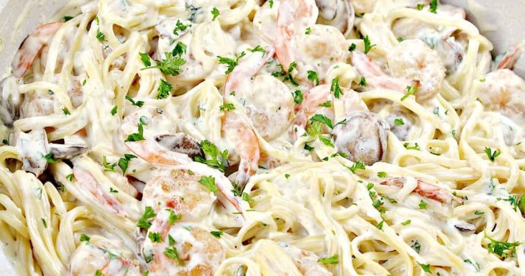 Shrimp and Mushroom Linguini with Cheese Creamy Herb Sauce