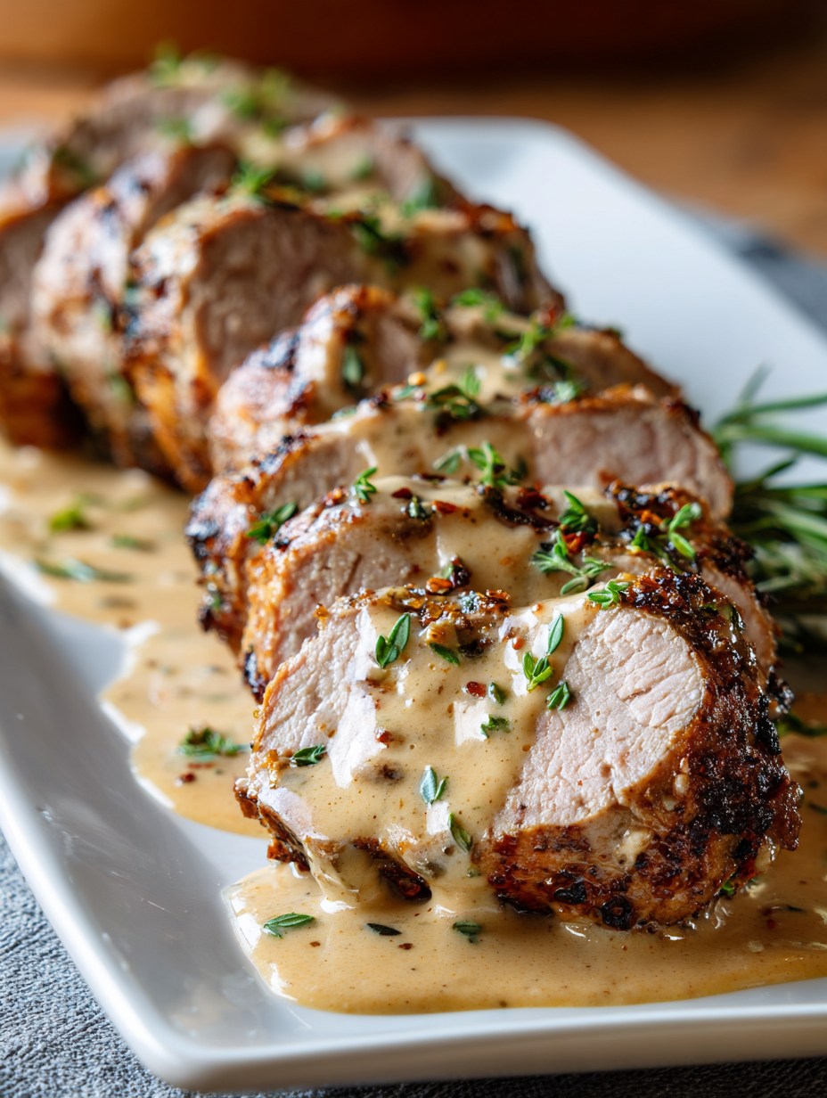 Slow Cooker Herb-Crusted Pork Tenderloin with Creamy Dijon and Herb Sauce