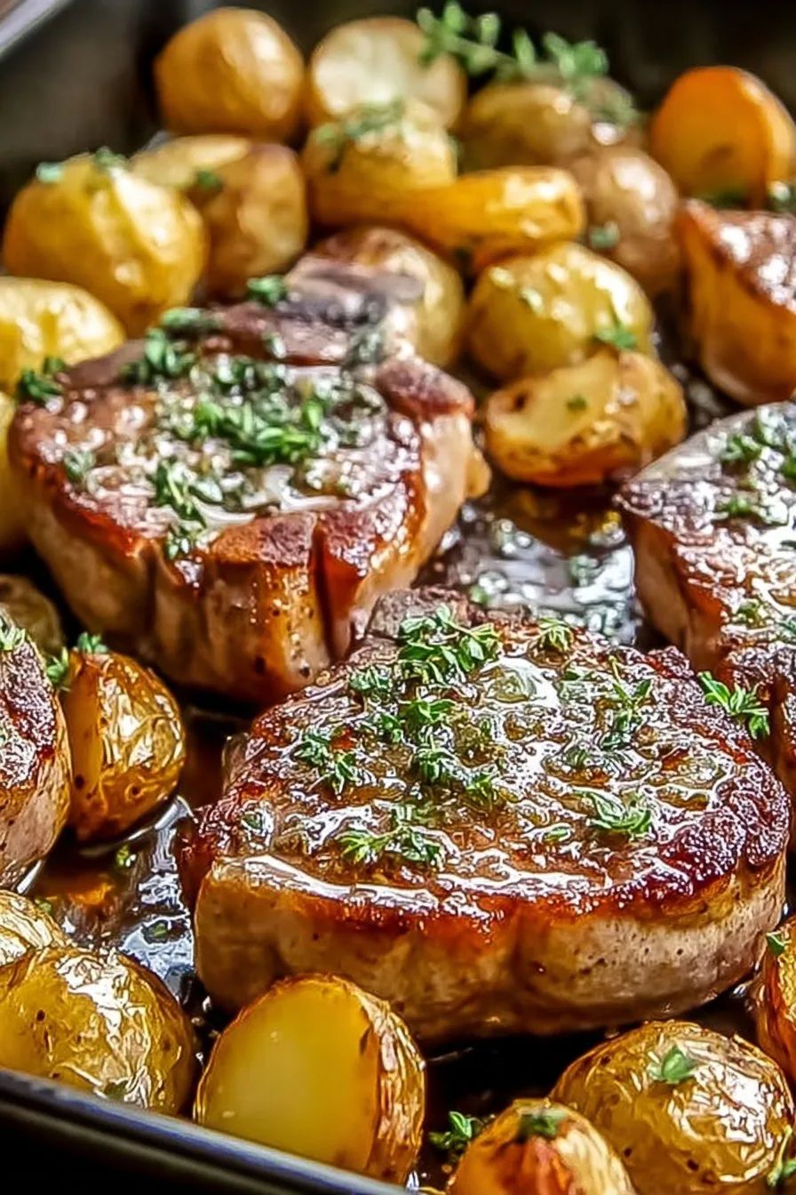 SHEET PAN PORK CHOPS WITH MULTI COLORED POTATOES