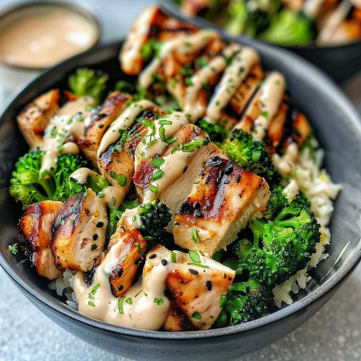 Grilled Chicken & Broccoli Bowls with Creamy Garlic Sauce