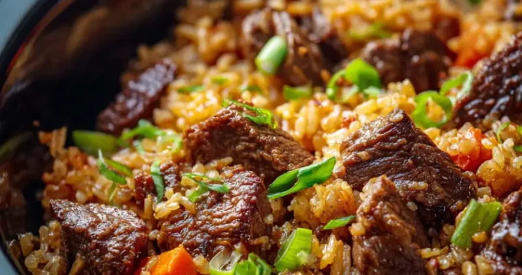 Baked Onion Beef Fried Rice with Mixed Vegetables