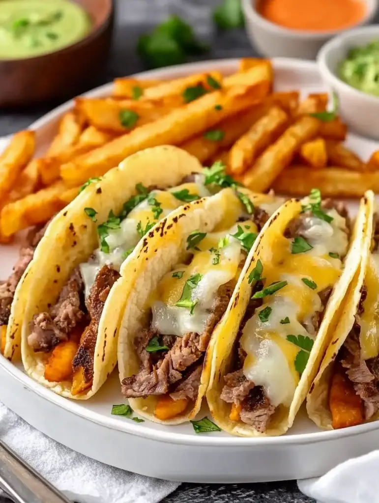 Cheese Steak Tacos with Buffalo Fries