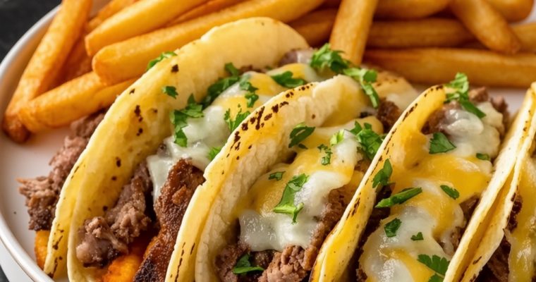 Cheese Steak Tacos with Buffalo Fries
