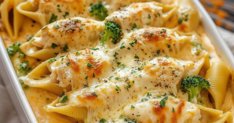 CHICKEN BROCCOLI ALFREDO STUFFED SHELLS