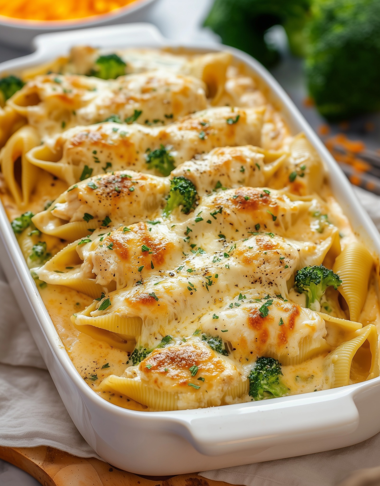 CHICKEN BROCCOLI ALFREDO STUFFED SHELLS