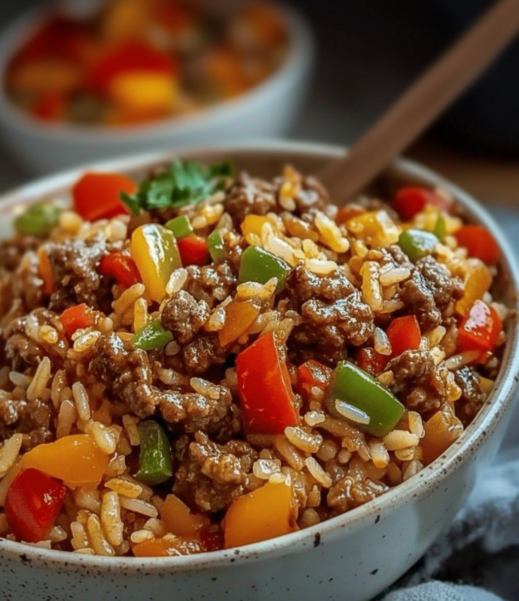 CHEESY GROUND BEEF RICE CASSEROLE