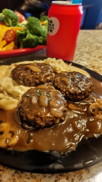 Salisbury Steak with Garlic Mashed Potatoes and Mushroom Gravy