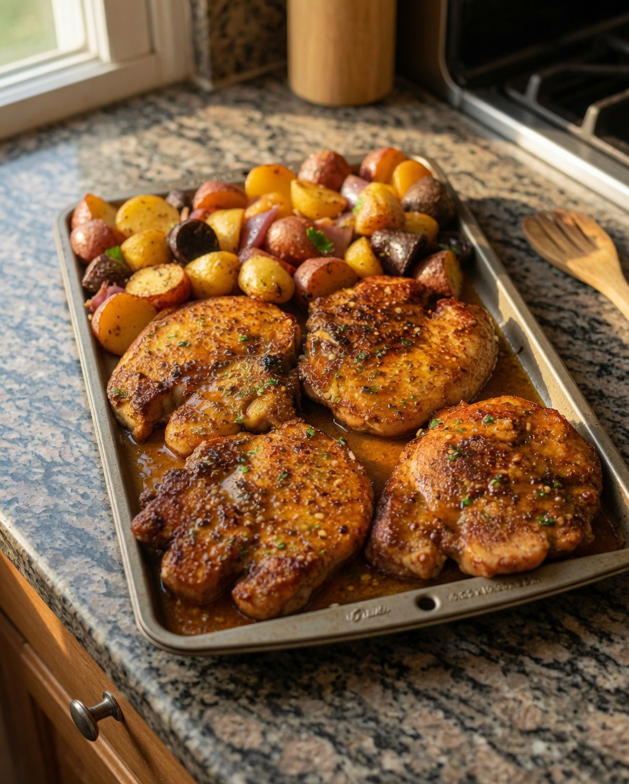 SHEET PAN PORK CHOPS WITH MULTI COLORED POTATOES