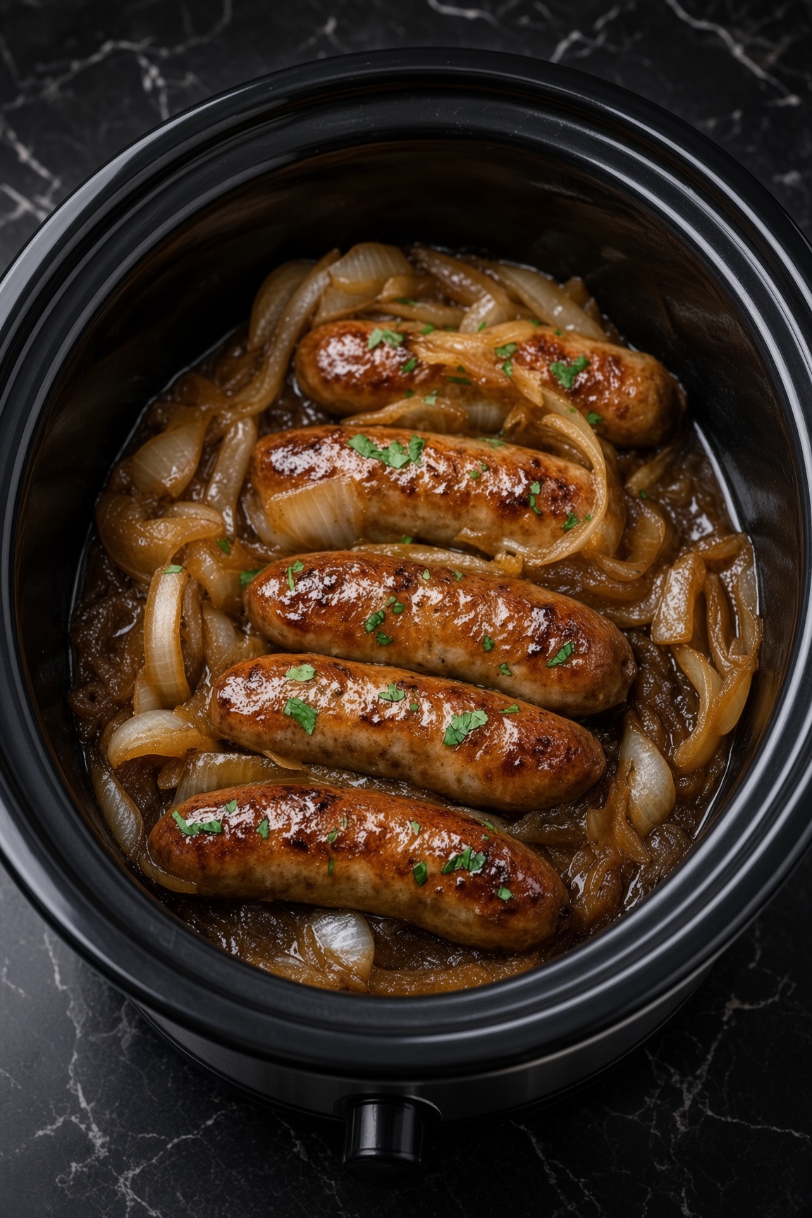 Slow Cooker Sausages with Onion Gravy