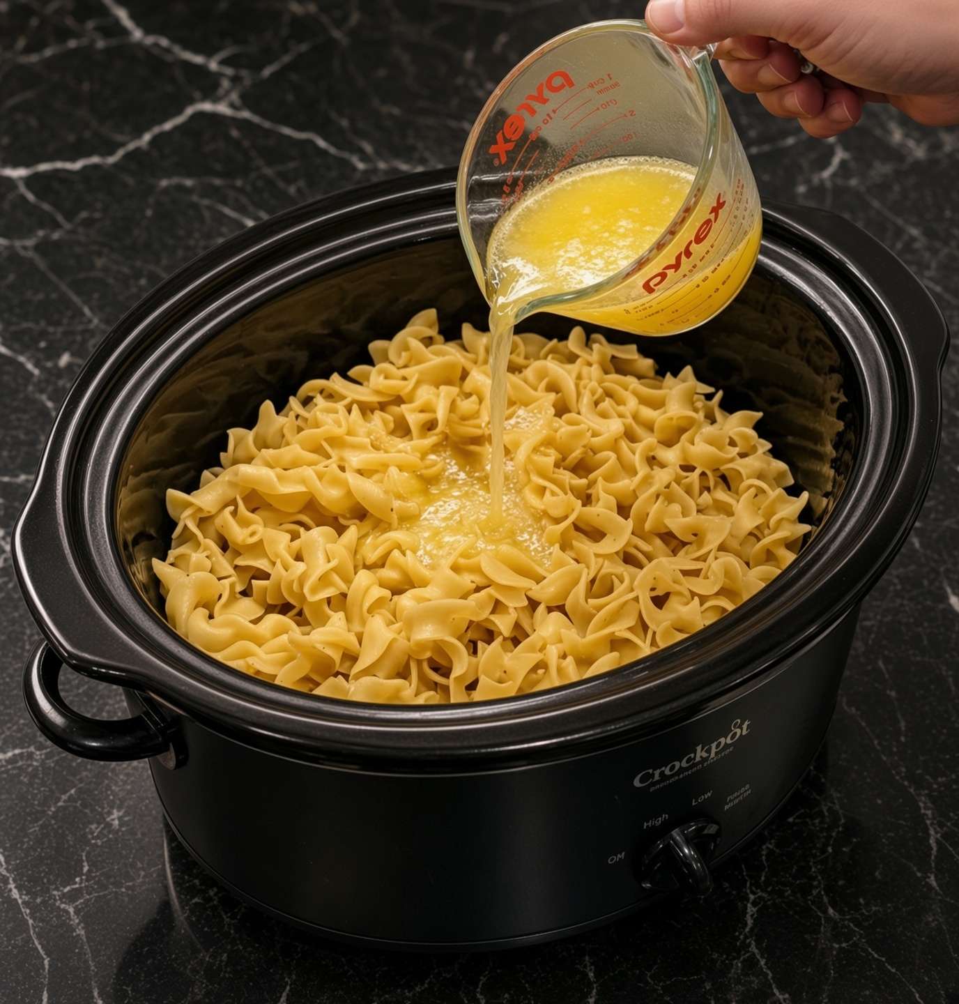 Amish Garlic Butter Chicken Noodles in the Slow Cooker