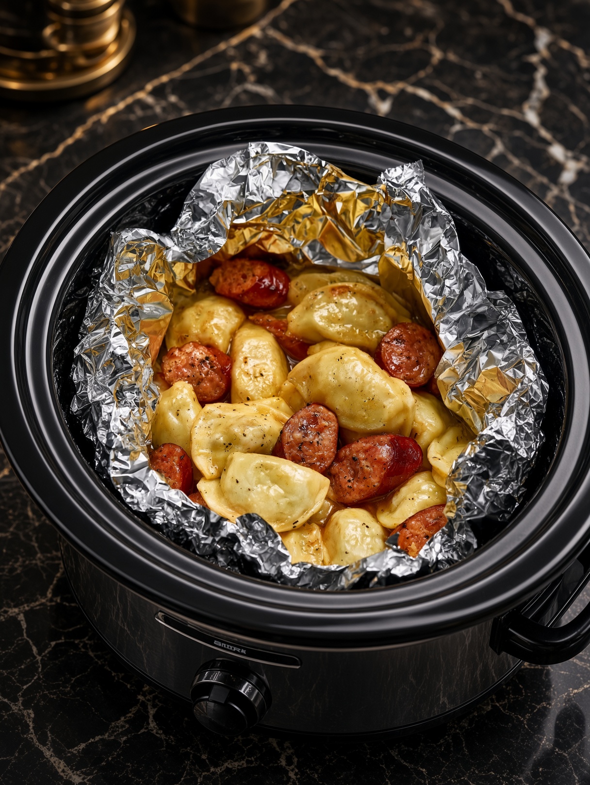 Foil Packet Sausage and Pierogies in the Slow Cooker