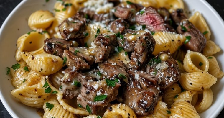 Garlic Butter Steak Bites & Creamy Parmesan Shells