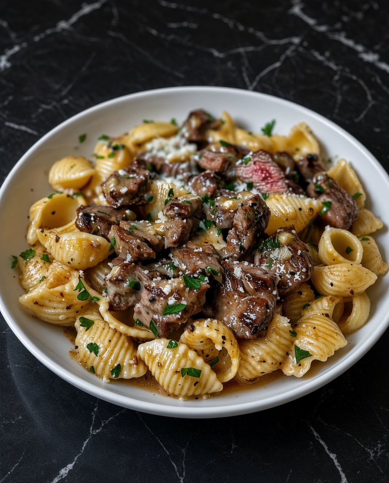 Garlic Butter Steak Bites & Creamy Parmesan Shells