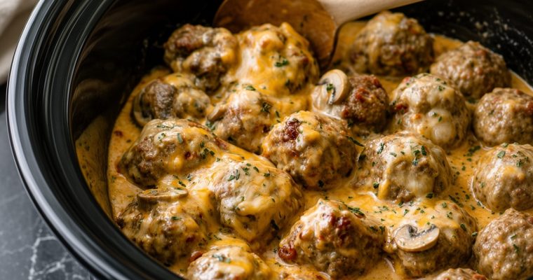 Slow Cooker Cheesy Mushroom Meatballs