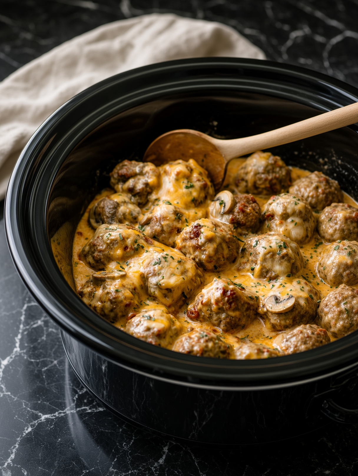 Slow Cooker Cheesy Mushroom Meatballs