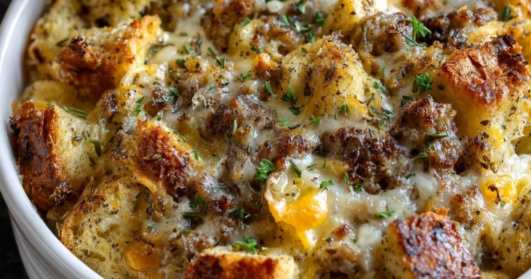 Slow Cooker Savory Bread Pudding with Sausage and Cheese