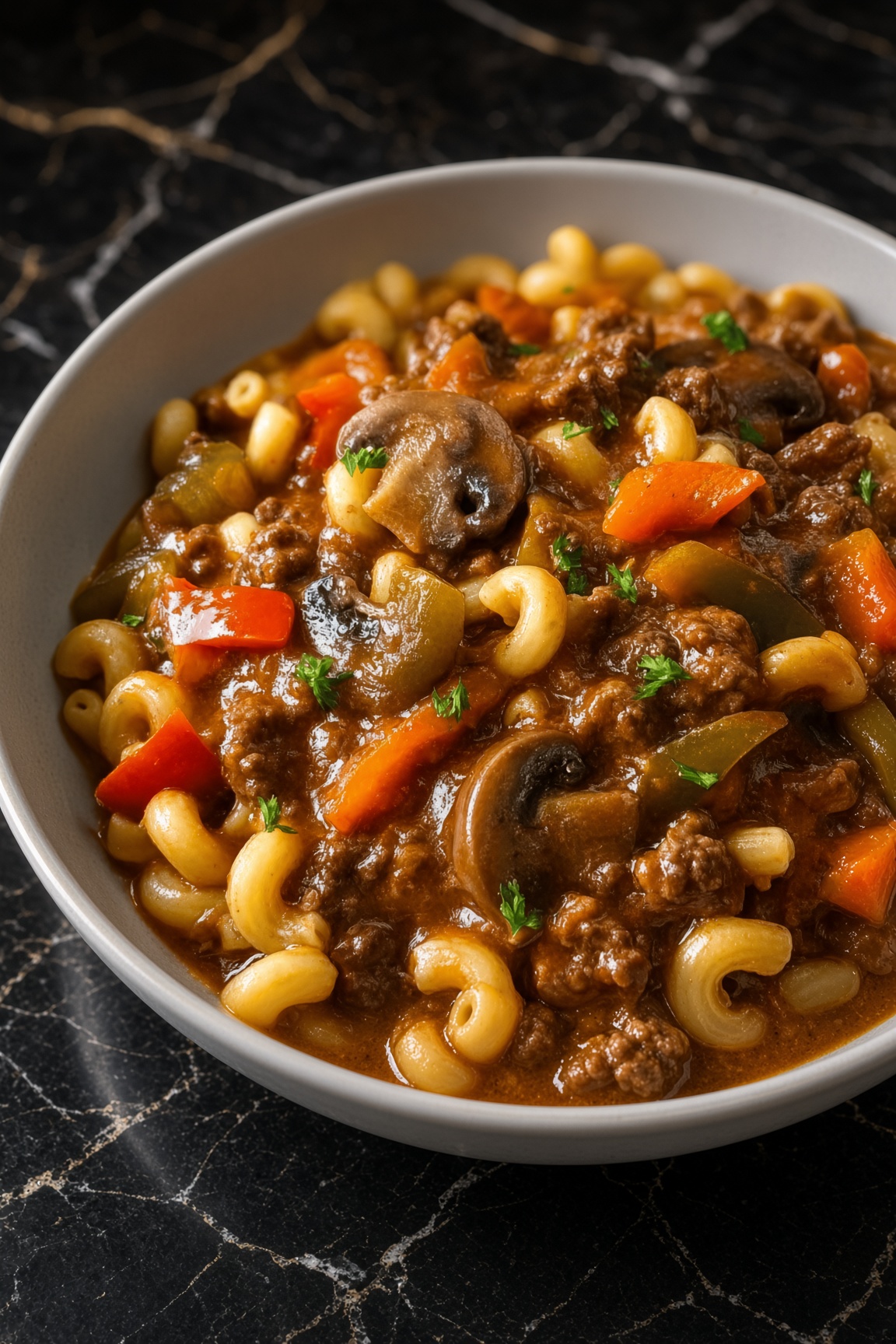 Slow Cooker Beef Goulash with Bell Peppers and Mushrooms