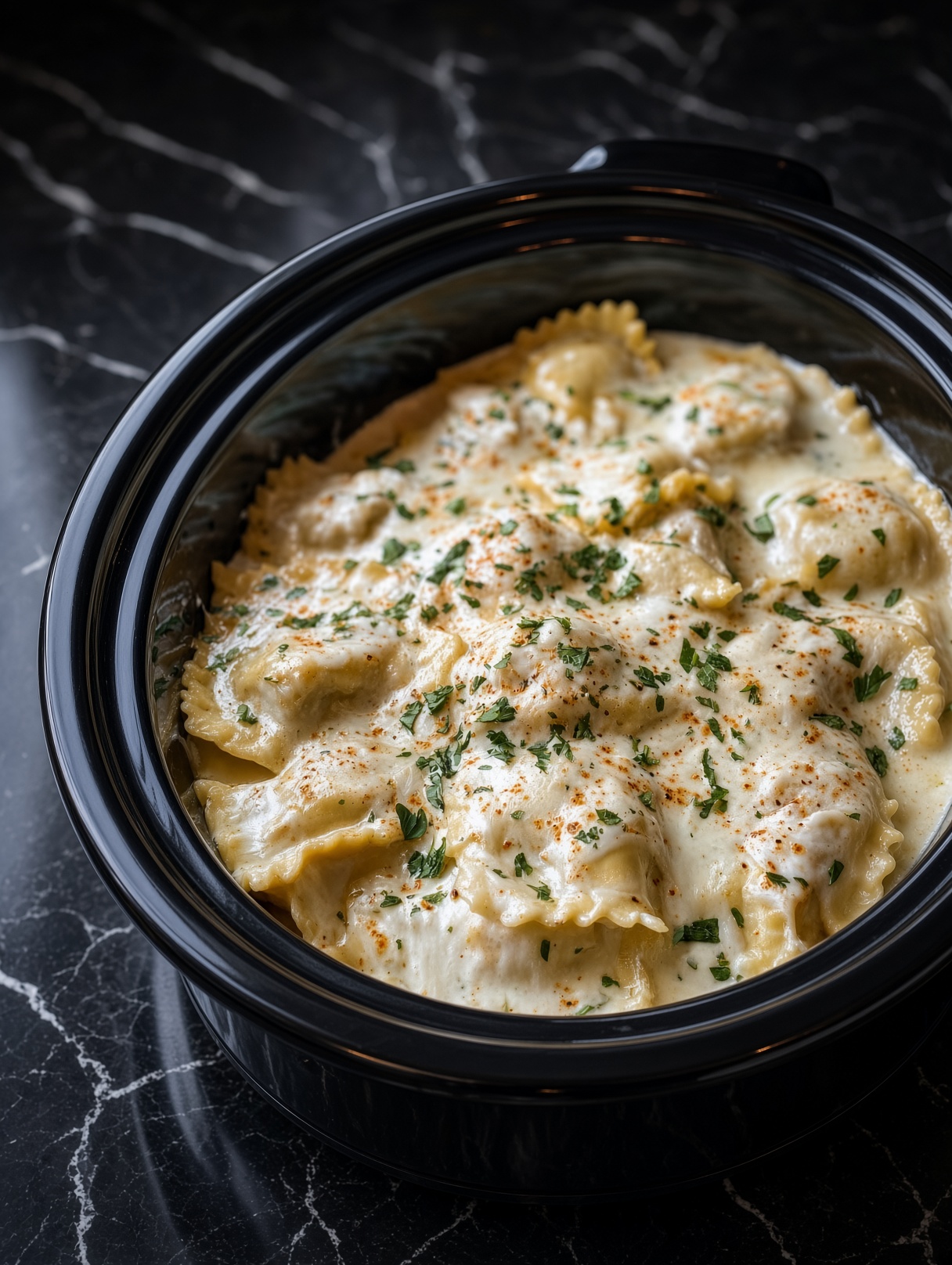 Creamy Chicken Alfredo Ravioli Bake