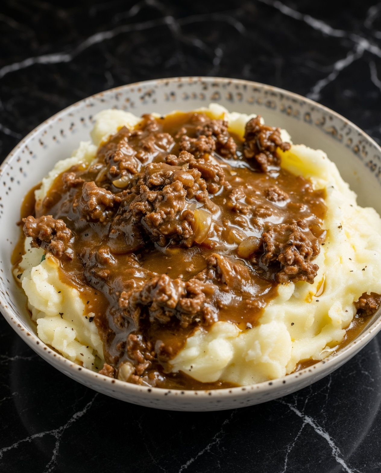 Ground Beef and Gravy Over Mashed Potatoes