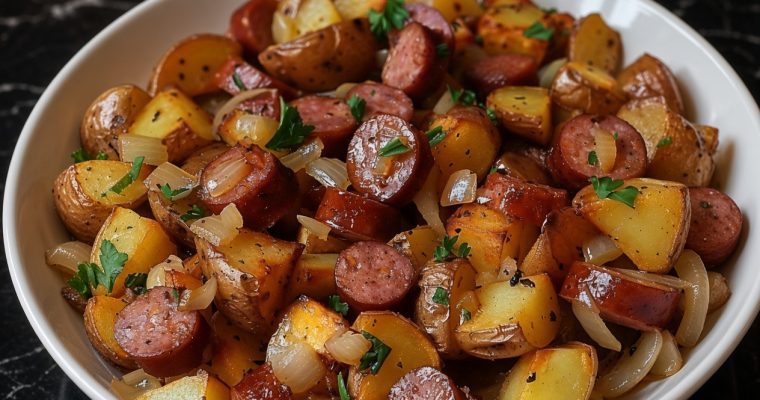 FRIED POTATOES ONIONS AND SMOKED POLISH SAUSAGE