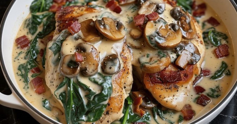 Smothered Chicken with Creamed Spinach Bacon and Mushrooms