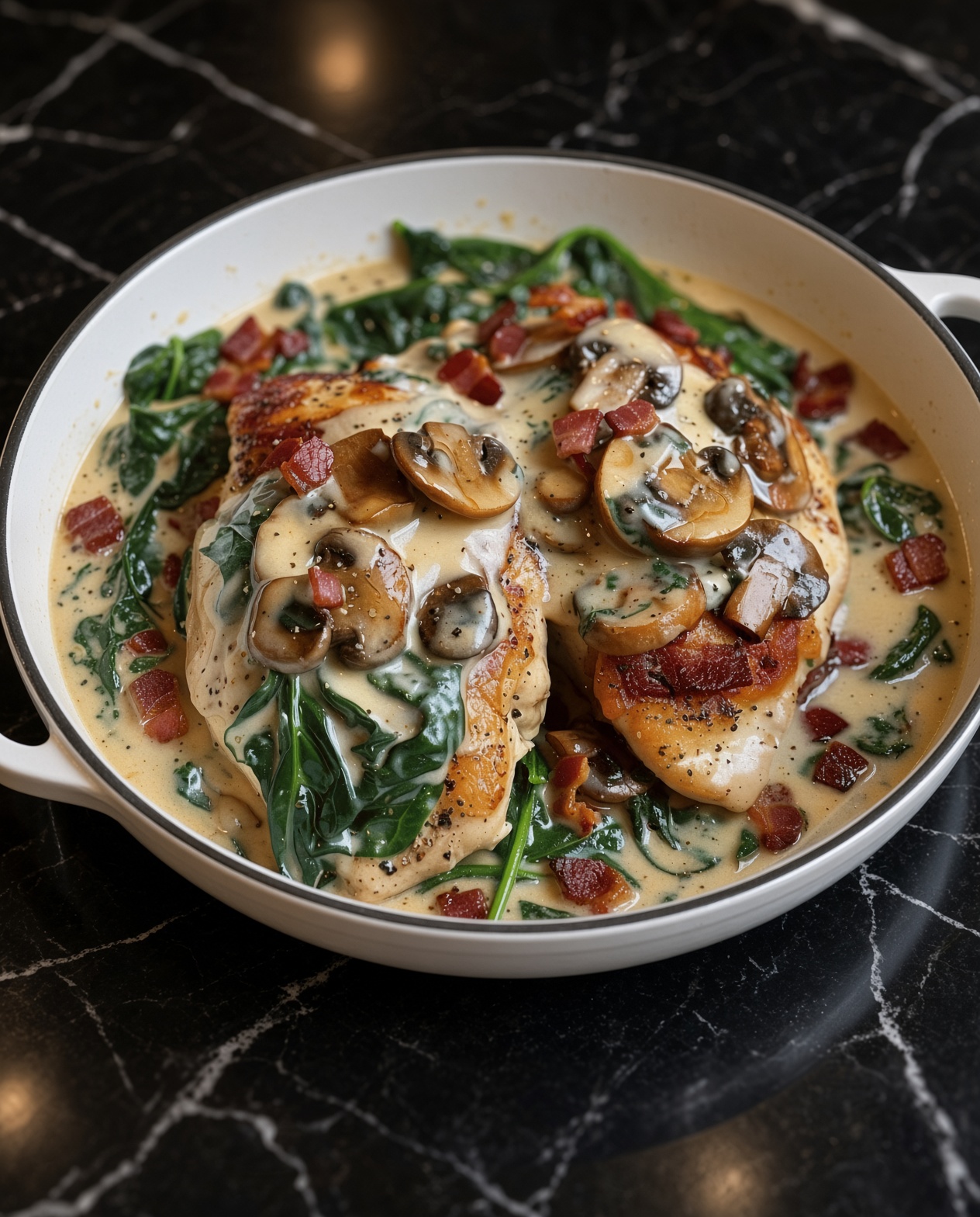 Smothered Chicken with Creamed Spinach Bacon and Mushrooms