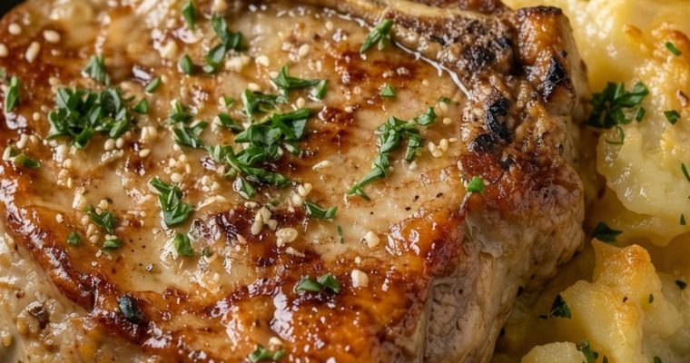 Garlic Butter Pork Chops with Cheesy Potato Bake
