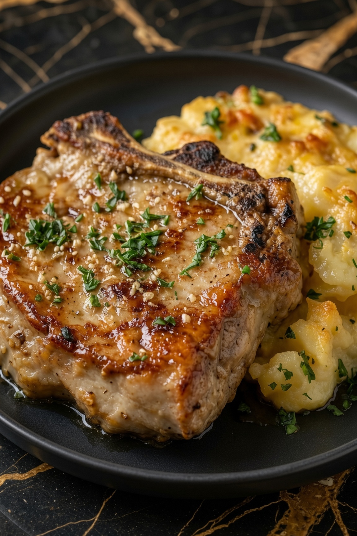 Garlic Butter Pork Chops with Cheesy Potato Bake