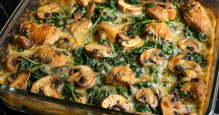CHICKEN SPINACH AND MUSHROOM LOW CARB OVEN DISH