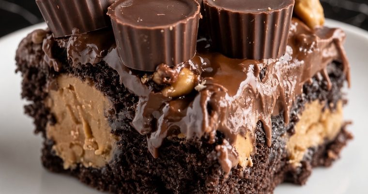 Reese’s Chocolate Peanut Butter Cup Earthquake Cake