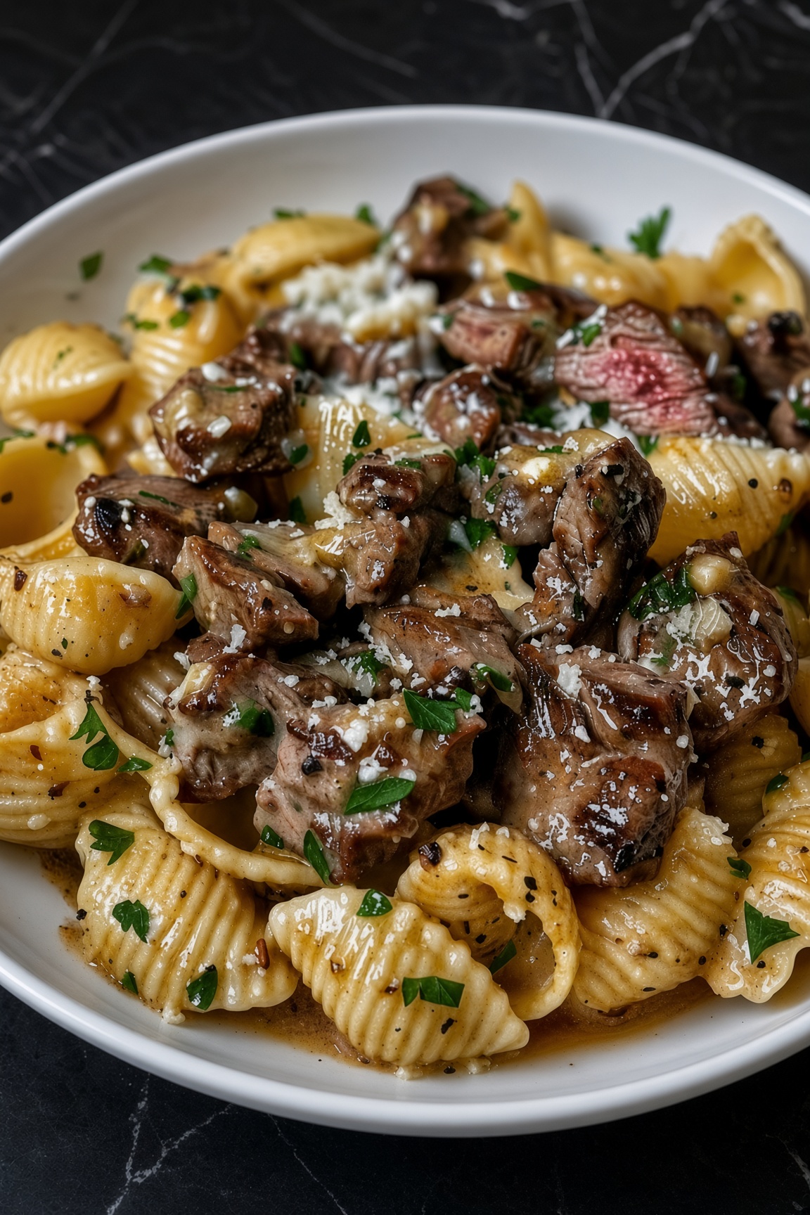 Garlic Butter Steak Bites & Creamy Parmesan Shells