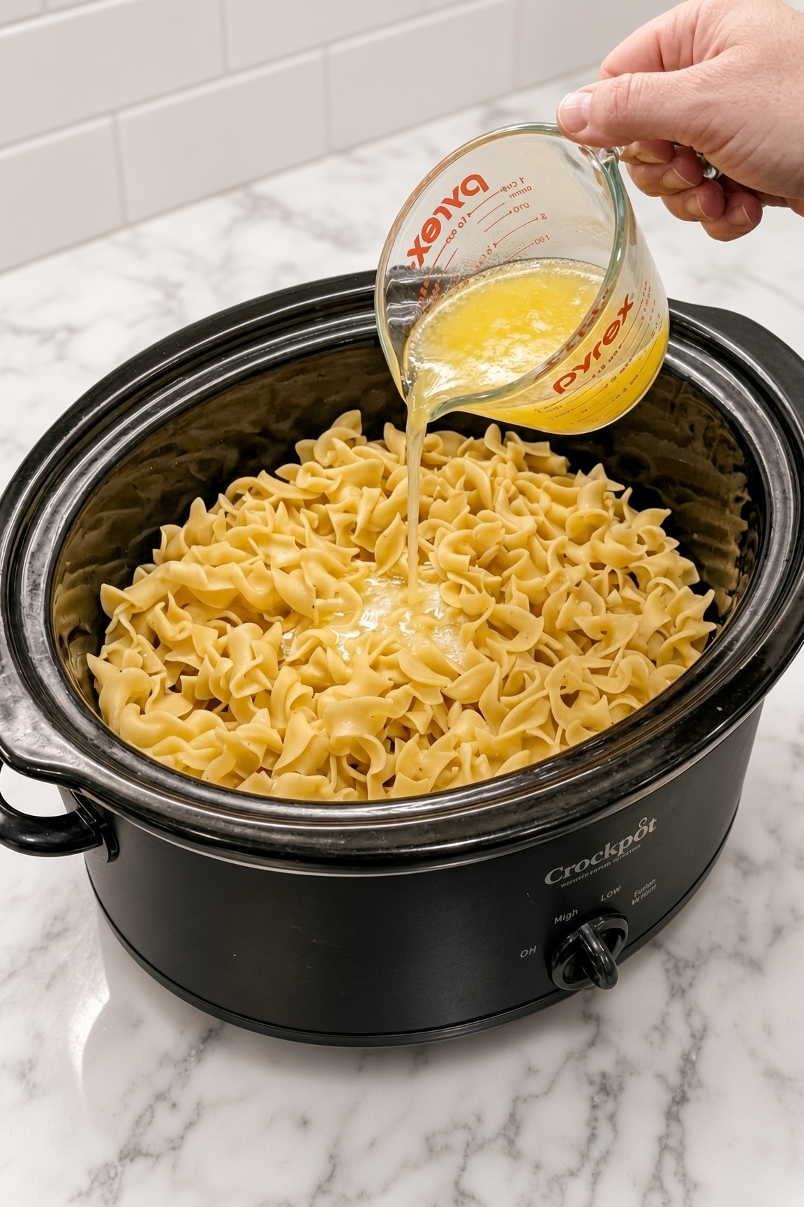 Amish Garlic Butter Chicken Noodles in the Slow Cooker